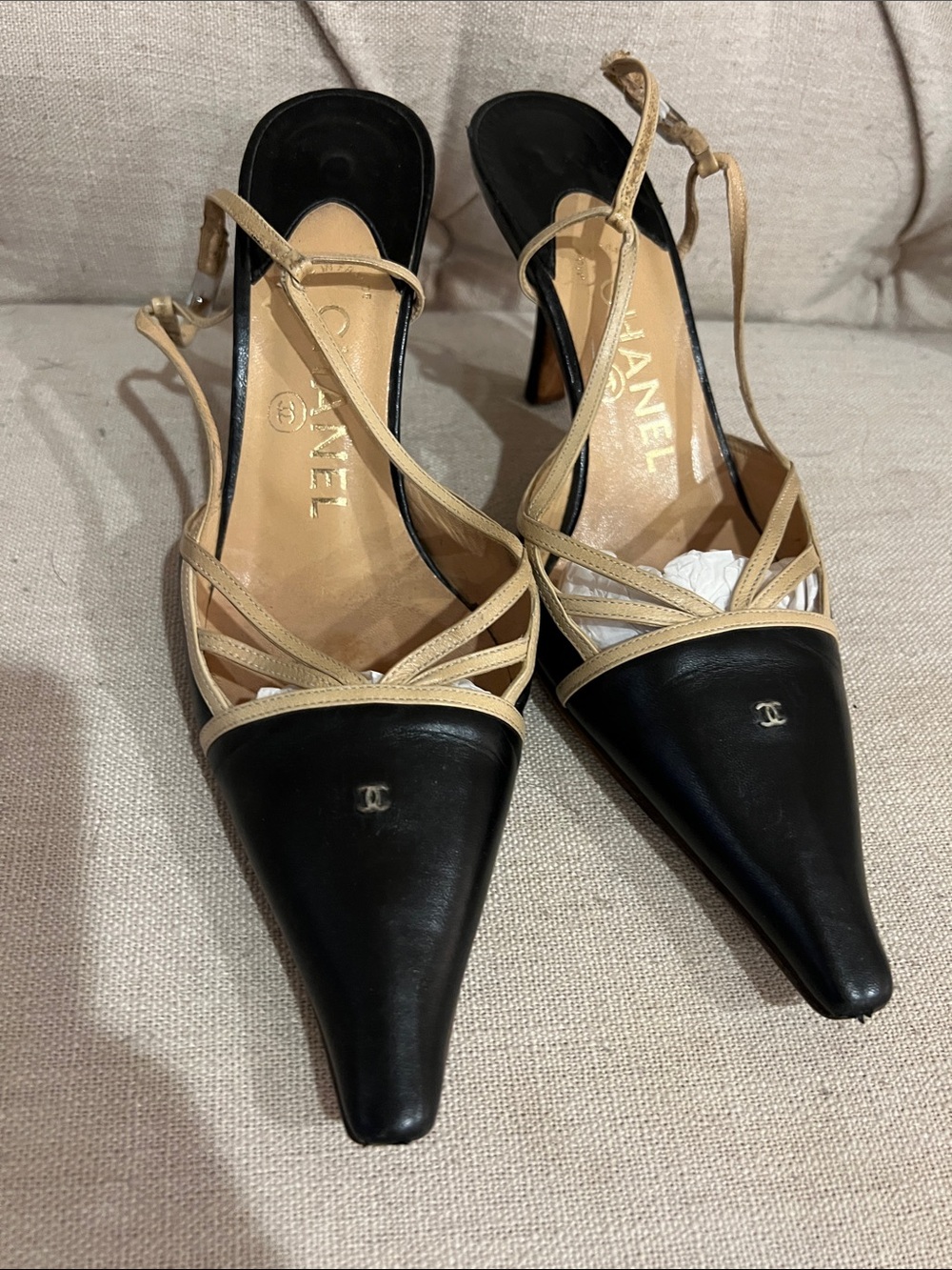 CHANEL Black and Beige Pointed-Toe Strappy Slingback Heels